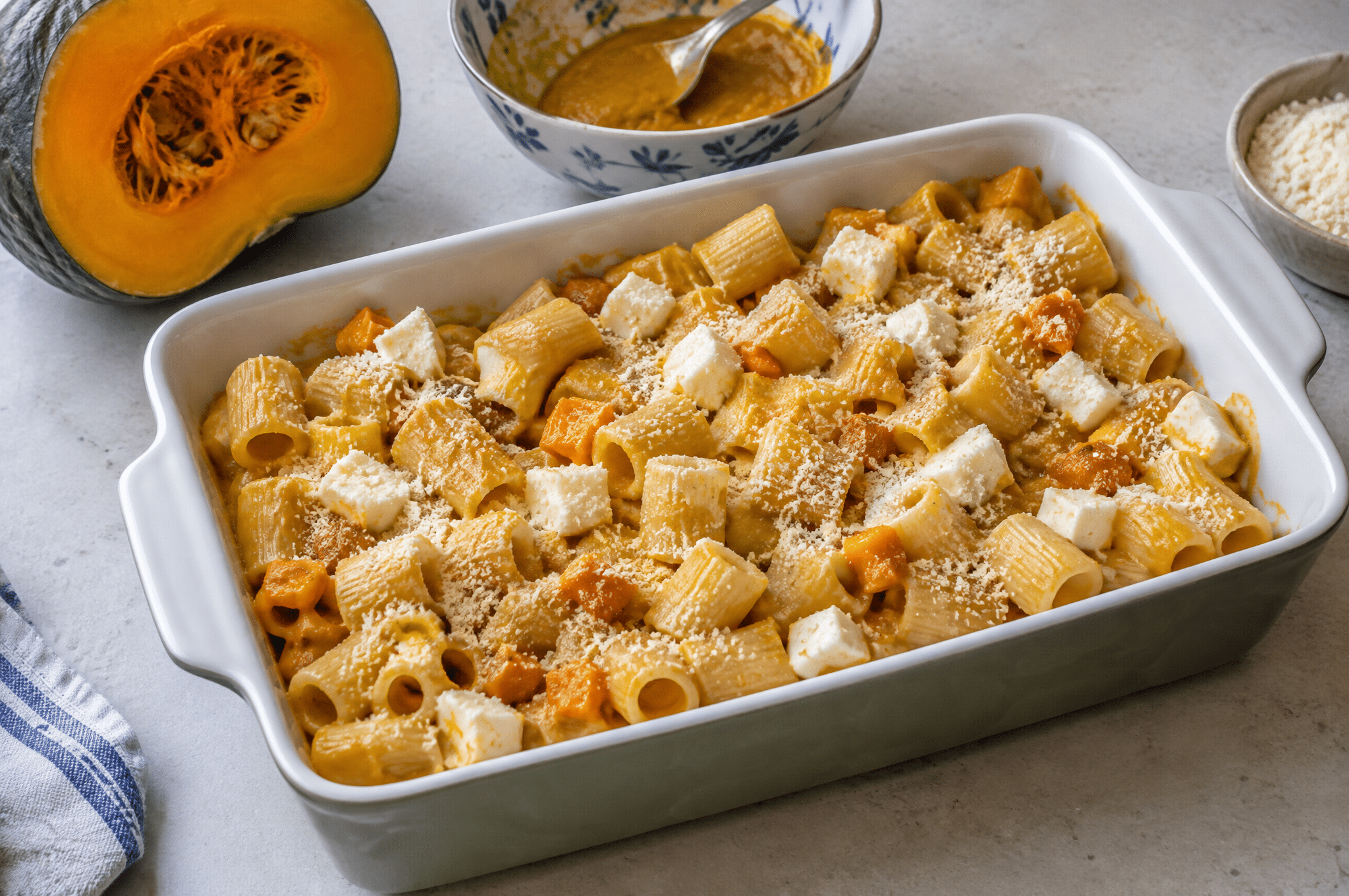Pasta corta con crema di zucca e scamorza nella teglia prima della gratinatura