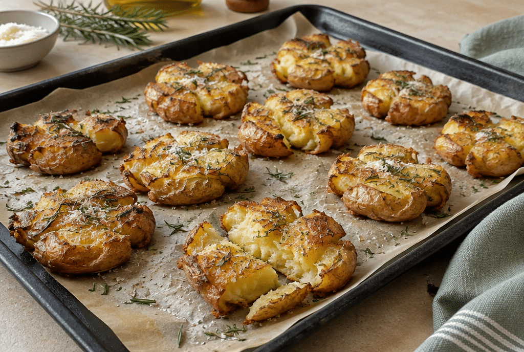 Patate schiacciate croccanti con rosmarino su una teglia