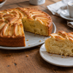 Torta rotonda di mele e ricotta con una fetta tagliata che mostra la mollica soffice, immagine illustrativa