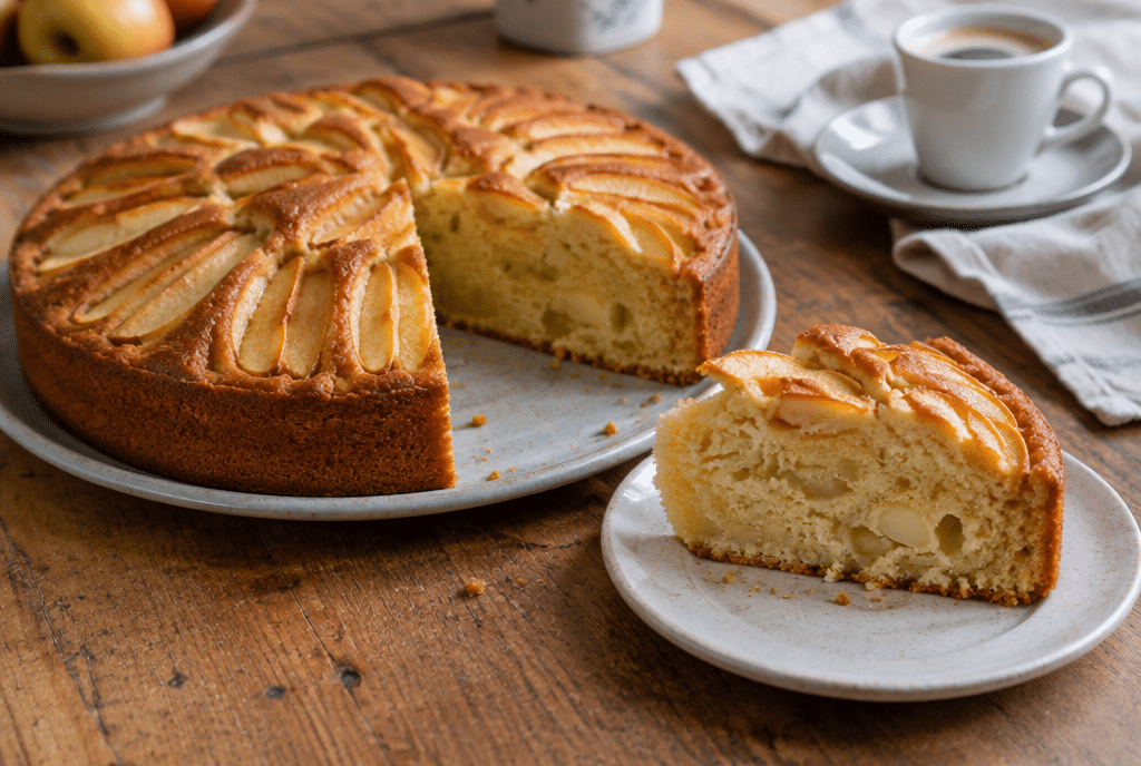 Torta rotonda di mele e ricotta con una fetta tagliata che mostra la mollica soffice, immagine illustrativa